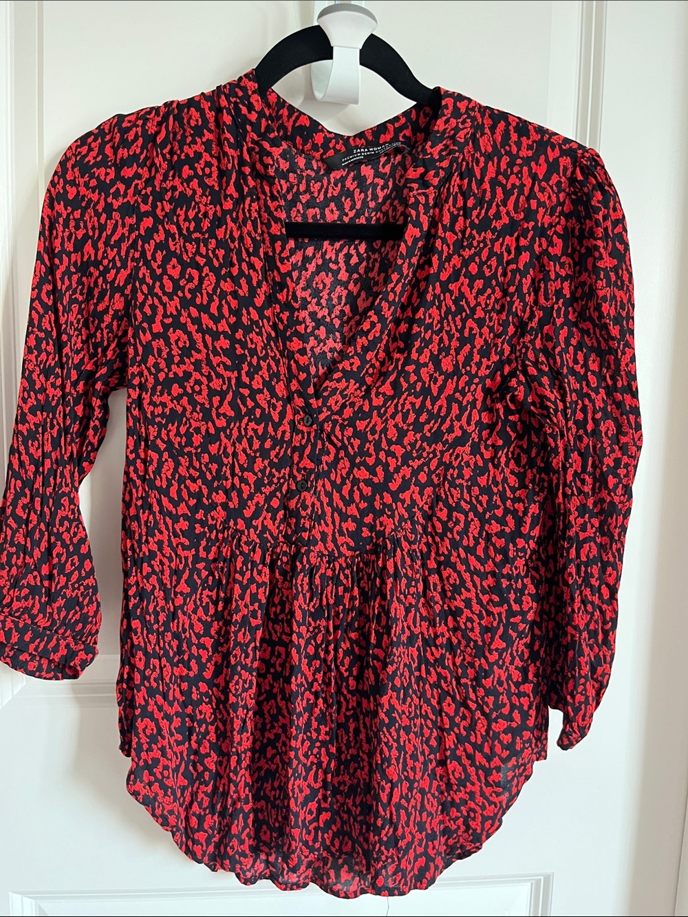 Zara Red and Black Printed V-Neck Blouse